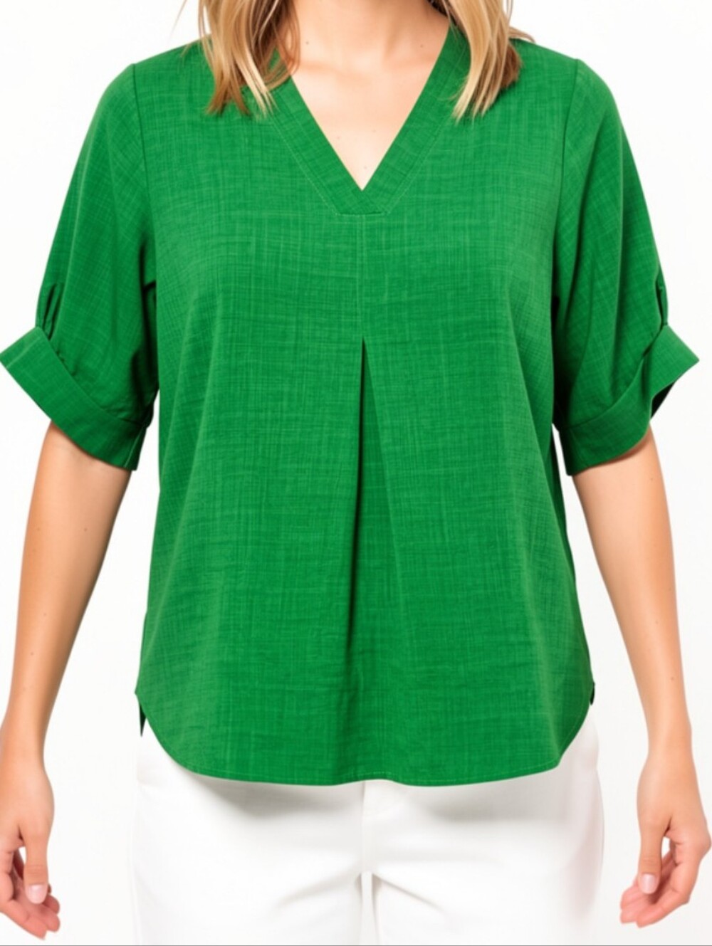 L🍀Viscose V-Neck Short Sleeve Blouse in Kelly Green - Picture 2 of 8